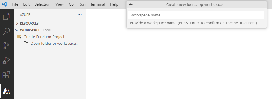 Captura de pantalla que muestra el aviso para proporcionar un nombre de espacio de trabajo.