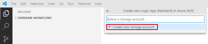 Captura de pantalla que muestra el panel de Azure: Logic Apps (Standard) y una solicitud para crear o seleccionar una cuenta de almacenamiento.