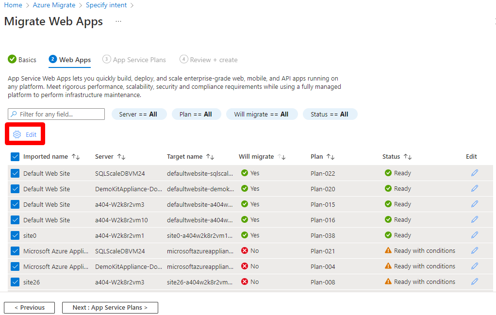 Captura de pantalla de las aplicaciones web seleccionadas de Azure Migrate.