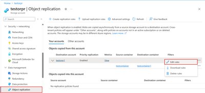Captura de pantalla que muestra cómo buscar la opción Editar reglas para las reglas de replicación existentes.