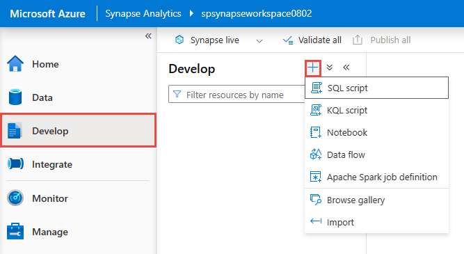 Captura de pantalla en la que se muestra la página Desarrollar con la opción de menú Nuevo script de SQL seleccionada.