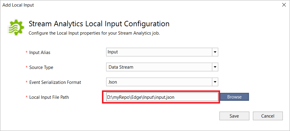 Configuración de entrada local para el trabajo de Stream Analytics en Visual Studio