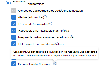 Captura de pantalla del rol de Defender XDR personalizado con Security Copilot derecho de operaciones de seguridad habilitadas.