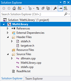 Captura de pantalla de la ventana Explorador de soluciones de Visual Studio 2015 con MathLibrary resaltado.