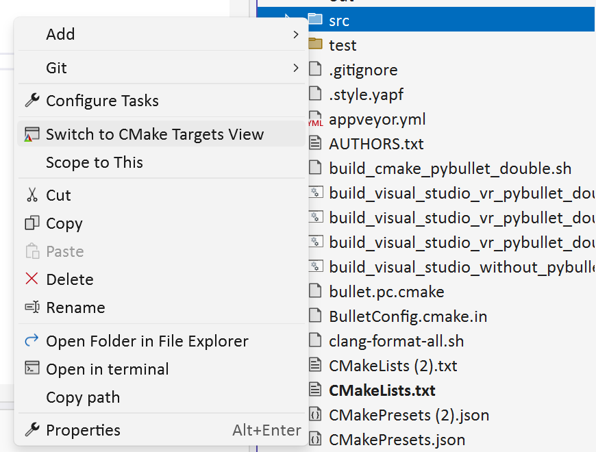 Captura de pantalla de hacer clic con el botón derecho en un archivo o carpeta en el Explorador de soluciones. El elemento de menú contextual para Cambiar a la vista destinos de CMake está visible.
