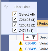 Captura de pantalla de los filtros de análisis de código en lista de errores.