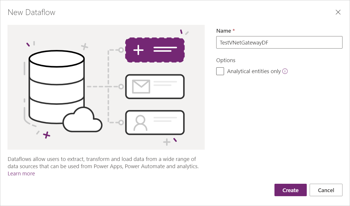 Captura de pantalla que muestra el cuadro de diálogo Nuevo flujo de datos en Power Apps, con el nombre del nuevo flujo de datos especificado en el cuadro de texto Nombre.