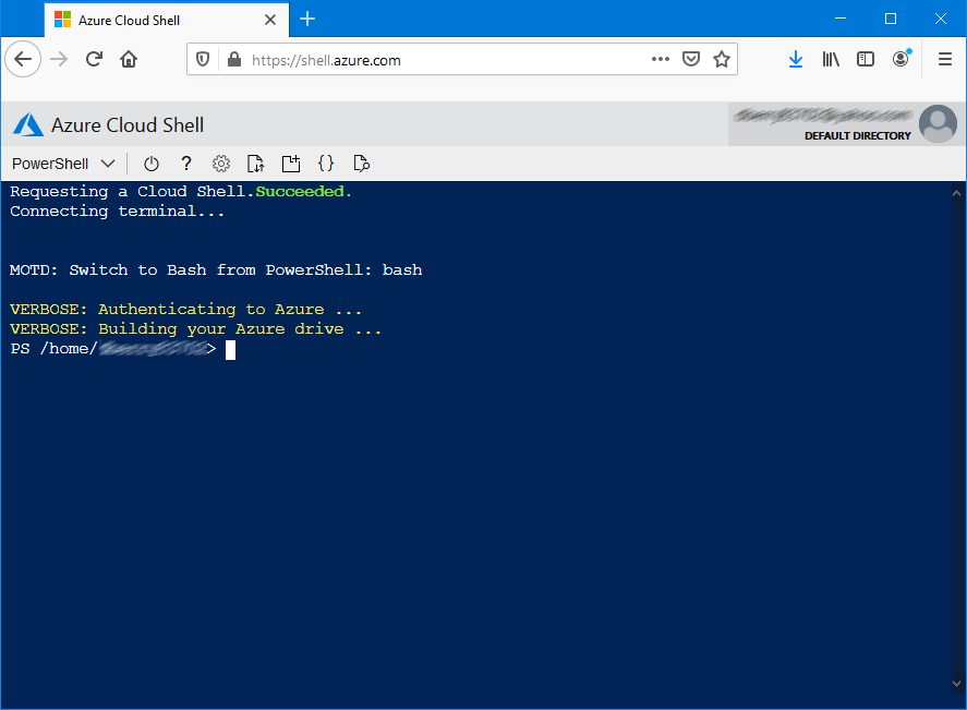 Captura de pantalla de Azure Cloud Shell que se ejecuta en un explorador