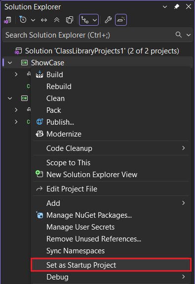 Visual Studio menú del contexto del proyecto para establecer el proyecto de arranque
