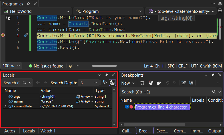Captura de pantalla de un punto de interrupción en Visual Studio
