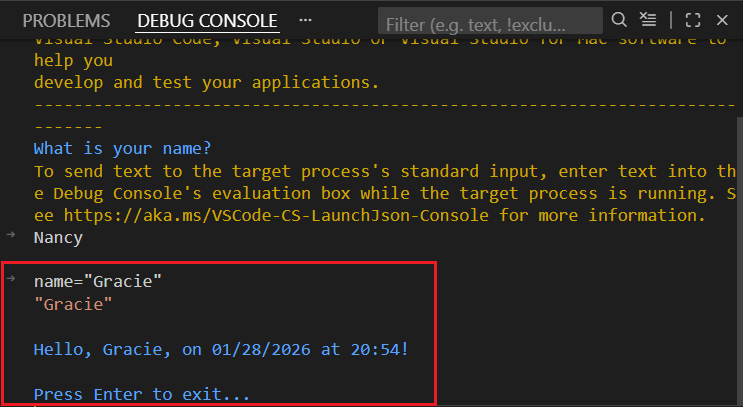 Terminal que muestra los valores especificados