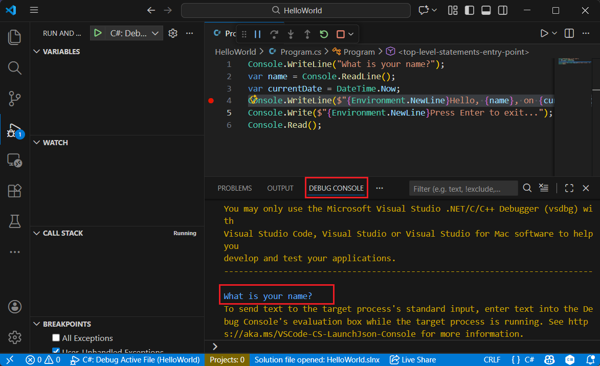Seleccione la pestaña Consola de depuración