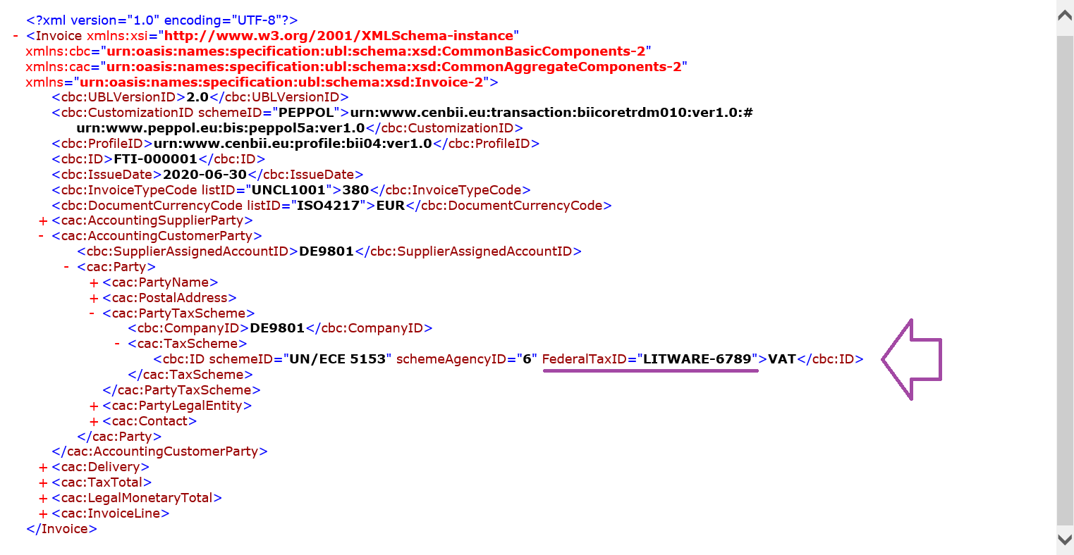 Vista previa del archivo XML de factura electrónica generado con sus personalizaciones.
