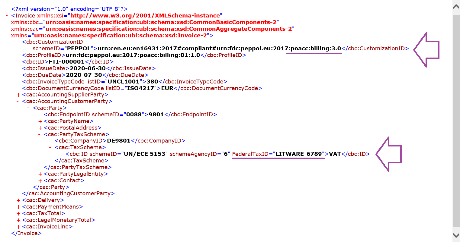 Vista previa del archivo XML de factura electrónica generado con sus personalizaciones.