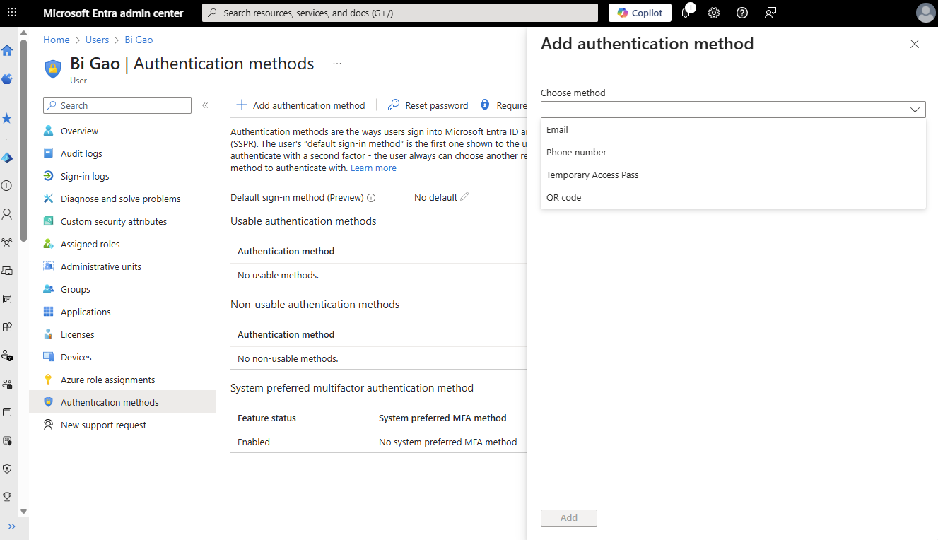 Captura de pantalla sobre cómo agregar métodos de autenticación desde el centro de administración de Microsoft Entra.