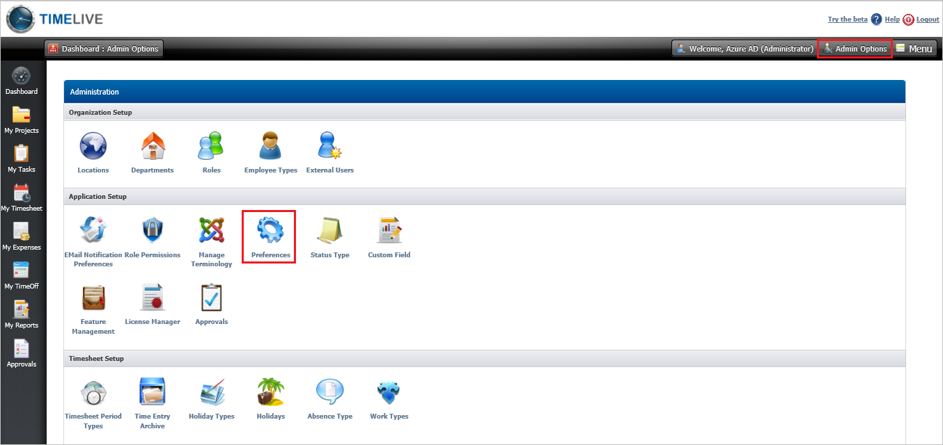 Captura de pantalla muestra las opciones de administración, con las preferencias seleccionadas.