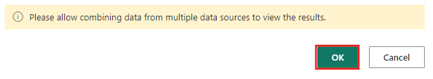 Captura de pantalla que muestra la solicitud para aprobar la combinación de datos de varios orígenes de datos, con el botón Aceptar resaltado.
