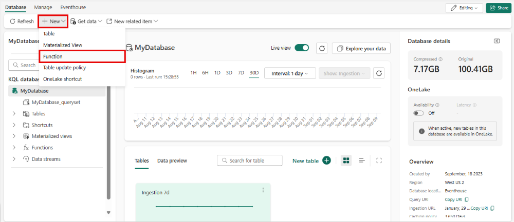 Captura de pantalla de una página de aterrizaje de la base de datos KQL que muestra el menú desplegable Nueva opción. La opción denominada Function (Función) está resaltada.