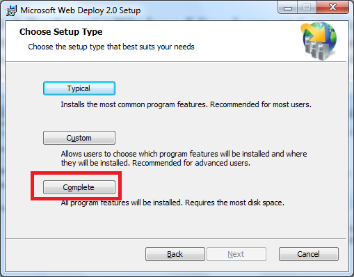 Captura de pantalla que muestra el Asistente de configuración de Microsoft Web Deploy 2.0. Completado está destacado.