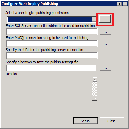 Captura de pantalla que muestra el cuadro de diálogo de Configuración de publicación en Web Deploy. Los puntos suspensivos de la variable inicial se resaltan.