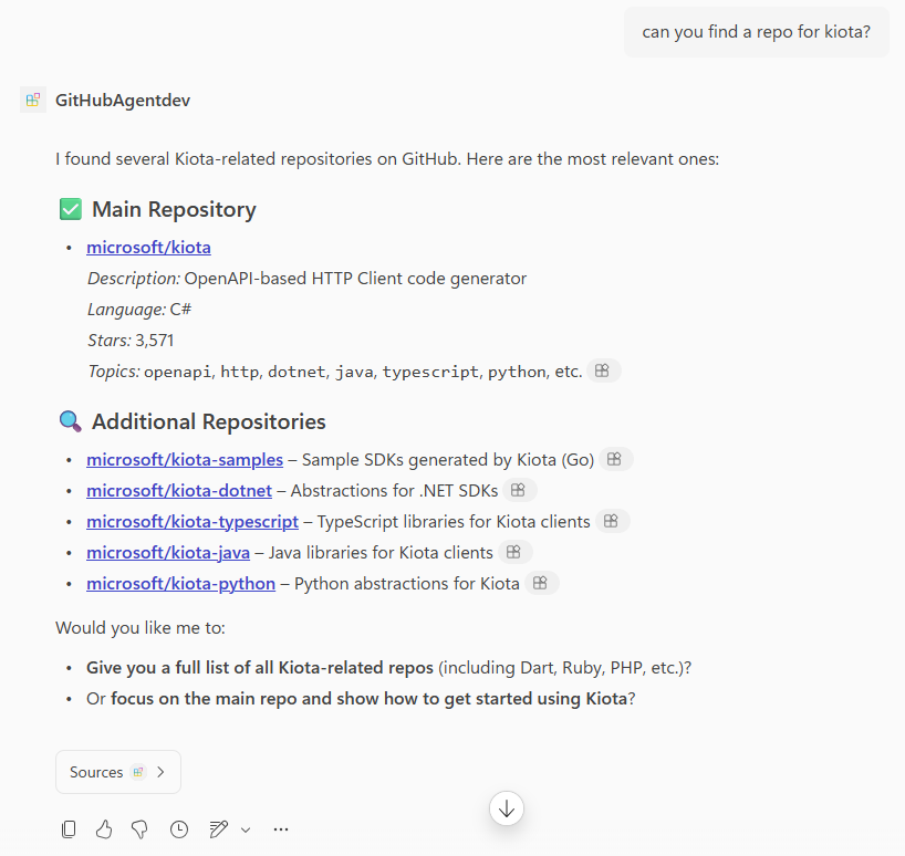 Captura de pantalla de la respuesta del agente a una consulta de repositorios