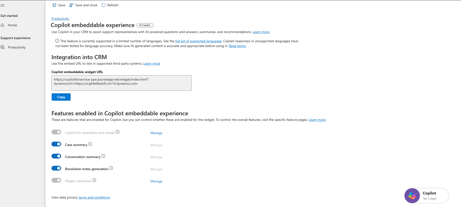 Captura de pantalla que muestra la pantalla de administración del widget insertable en Copilot para Servicio.