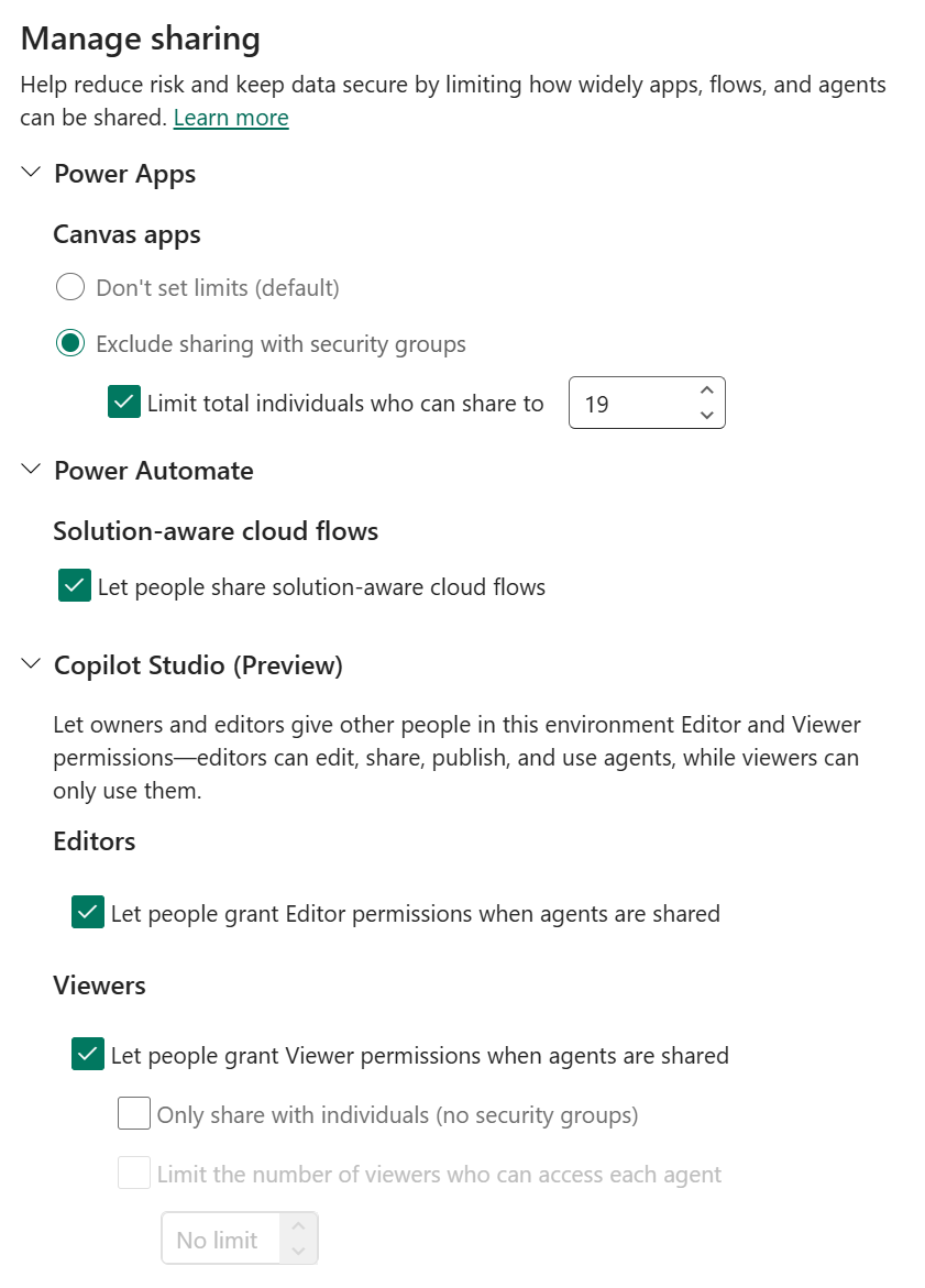 Límites de uso compartido para Copilot Studio ubicado en el panel de control de un entorno administrado.
