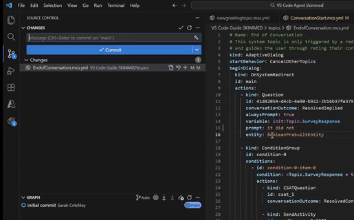 Captura de pantalla de confirmaciones de Git en Visual Studio.