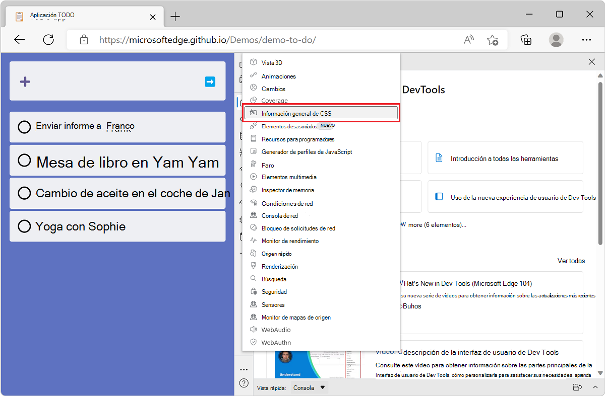 Microsoft Edge, con la aplicación de demostración de lista TODO y DevTools junto a ella, que muestra la lista de herramientas del botón Más herramientas