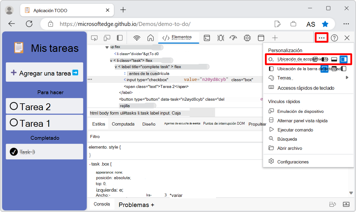 El menú Ubicación de acoplamiento, con cuatro iconos, que representan las cuatro ubicaciones de acoplamiento posibles