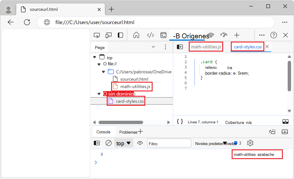 Las herramientas orígenes y consola, que muestran los nombres de archivo virtual