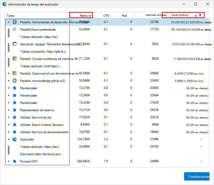 Columna de memoria de JavaScript