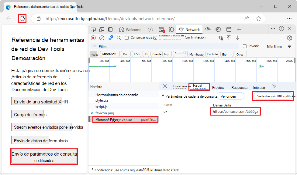Parámetros de cadena de consulta que se muestran con caracteres descodificados