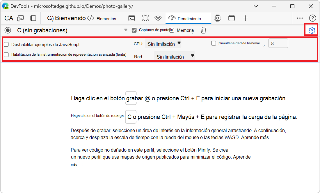La sección Configuración de captura en la parte superior de la herramienta Rendimiento