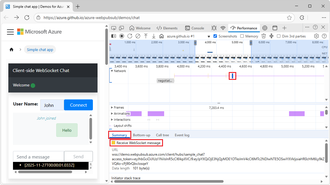 Recepción de un mensaje de WebSocket