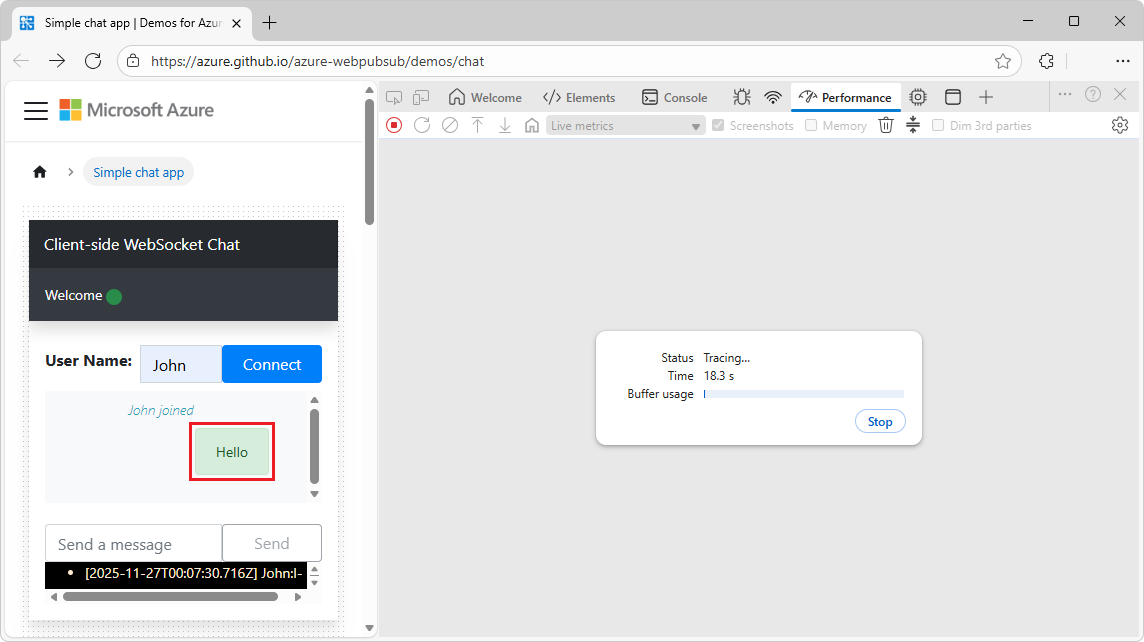 Mensajes de WebSocket en la herramienta de rendimiento