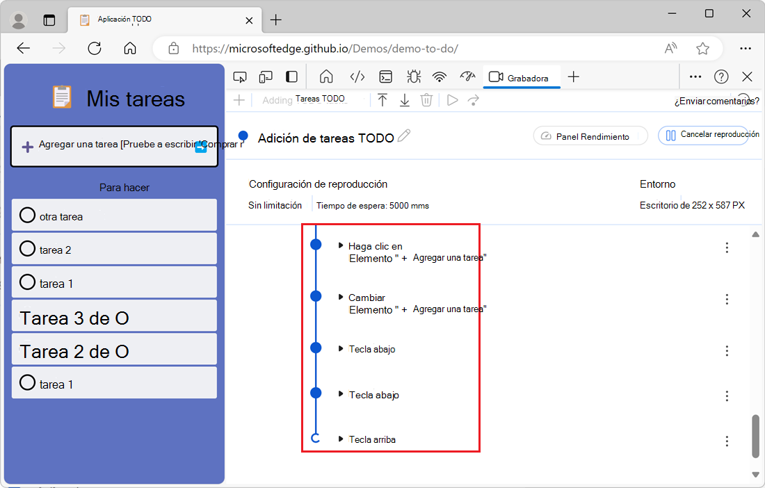 Las interacciones reproducidas mostradas como animación en la herramienta Grabadora