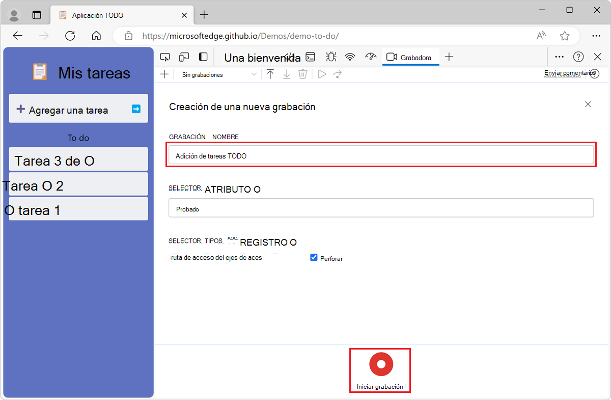 El nombre de la grabación y el botón de inicio de la grabación