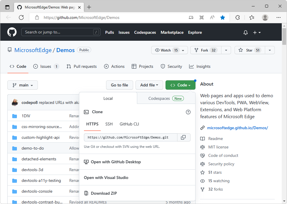Clonación del repositorio MicrosoftEdge/Demos