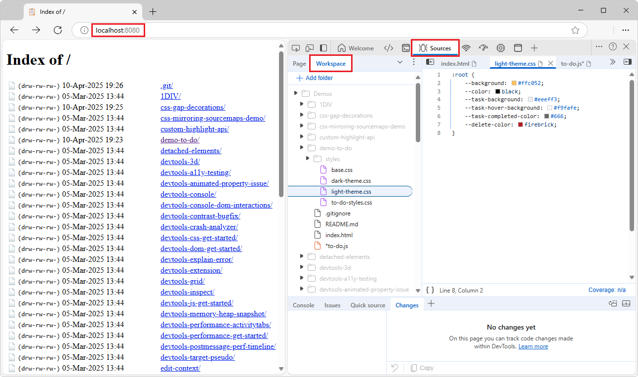 El servidor se inició desde el directorio /demos/ en lugar de un subdirectorio de demostración específico.