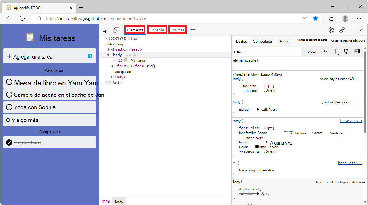 Paneles y barras laterales de DevTools