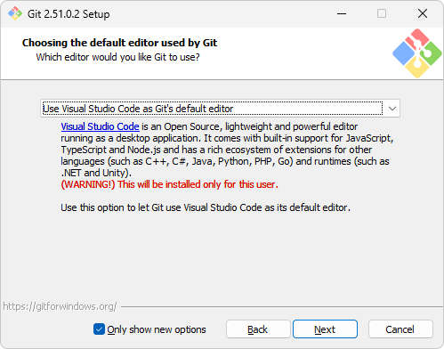 Instalador de Git con Visual Studio Code seleccionado como editor predeterminado