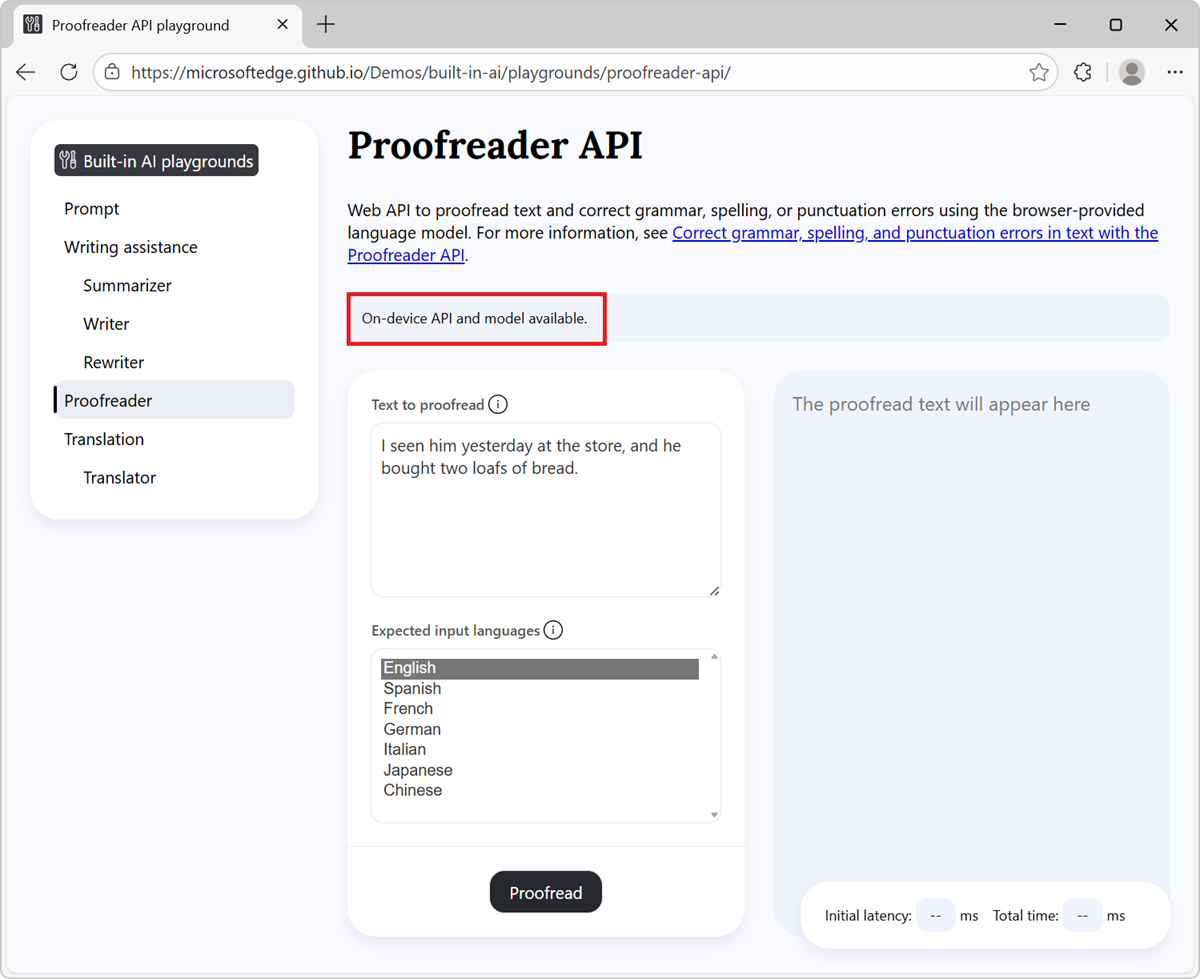 Banner de información que muestra el mensaje: API en el dispositivo y modelo listo.