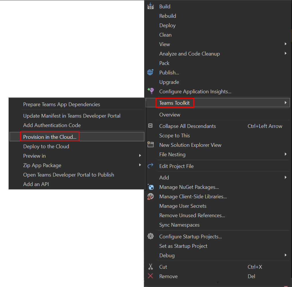 Captura de pantalla que muestra la opción Aprovisionar en la nube en Agents Toolkit en Visual Studio.