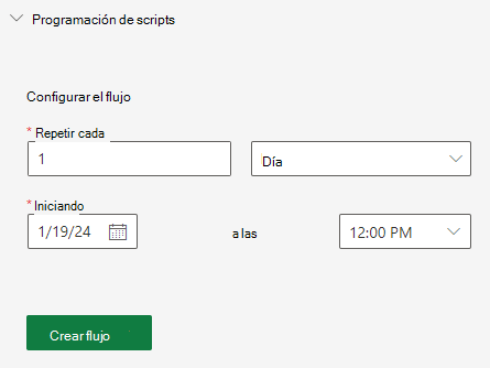 Panel de tareas del editor de código que muestra las opciones de intervalo de periodicidad para programar un script.