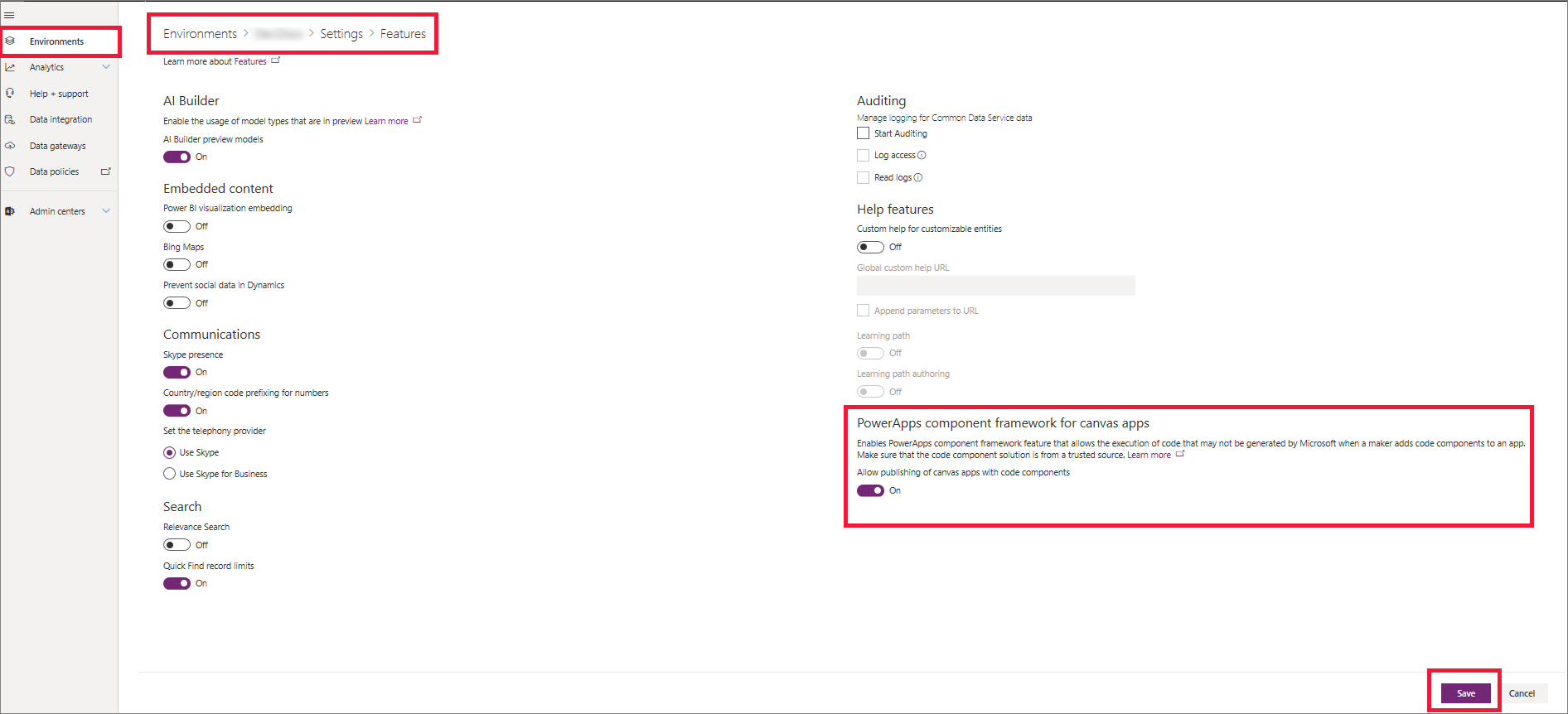Habilitar el marco de componentes de Power Apps.
