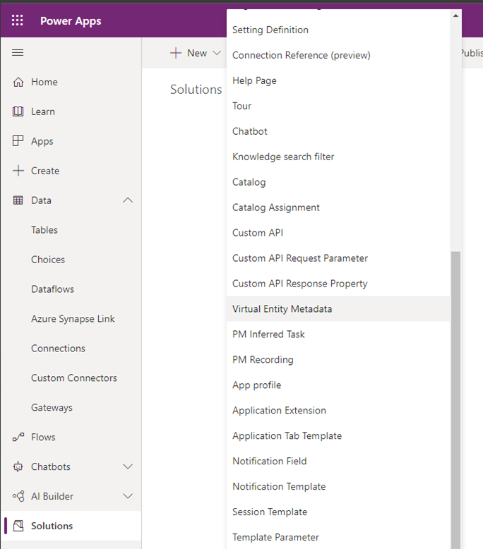 Agregue un nuevo virtualentitymetadata a la solución.