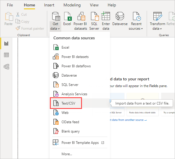 Captura de pantalla de la sección Ribbon 'Obtener datos' en Power BI Desktop, donde se muestra la opción CSV.