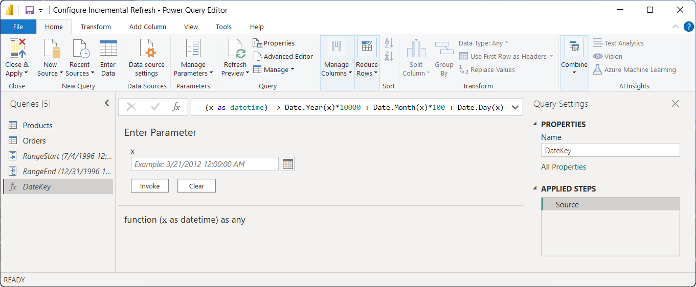 Editor de funciones de Power&nbsp;BI que muestra la función DateKey suplente del entero.