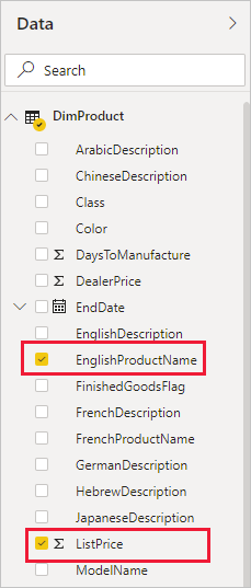 Captura de pantalla del panel Datos con los campos EnglishProductName y ListPrice resaltados.
